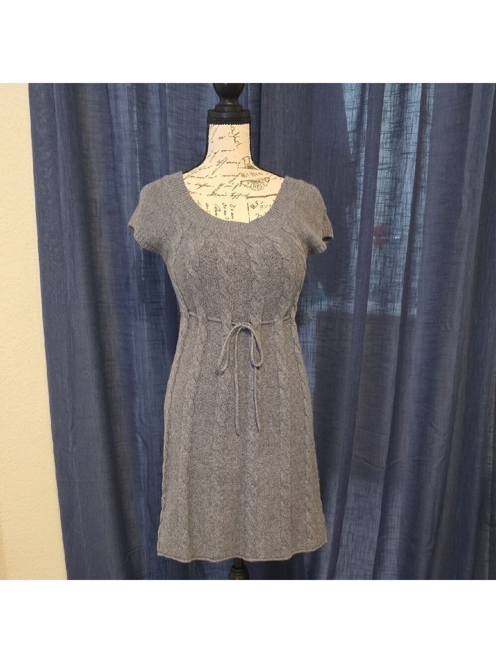 EDC by Esprit Grey Cable Knit Mini Sweater Dress Drawstring Tie Front XS